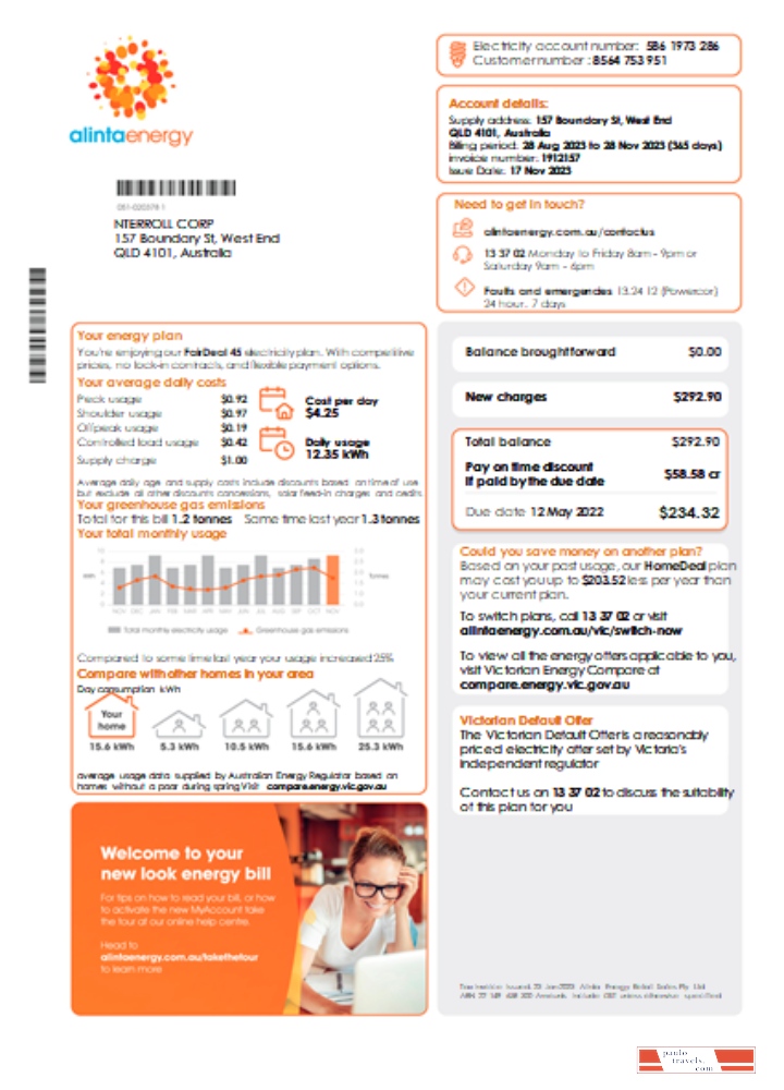 Alinta energy electricity utility business bill,  page 1, SCR PSD template